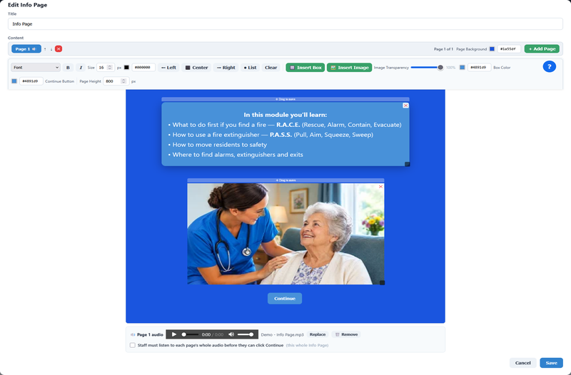 Building an Info Page in ScriptLMS with text boxes and pictures placed anywhere